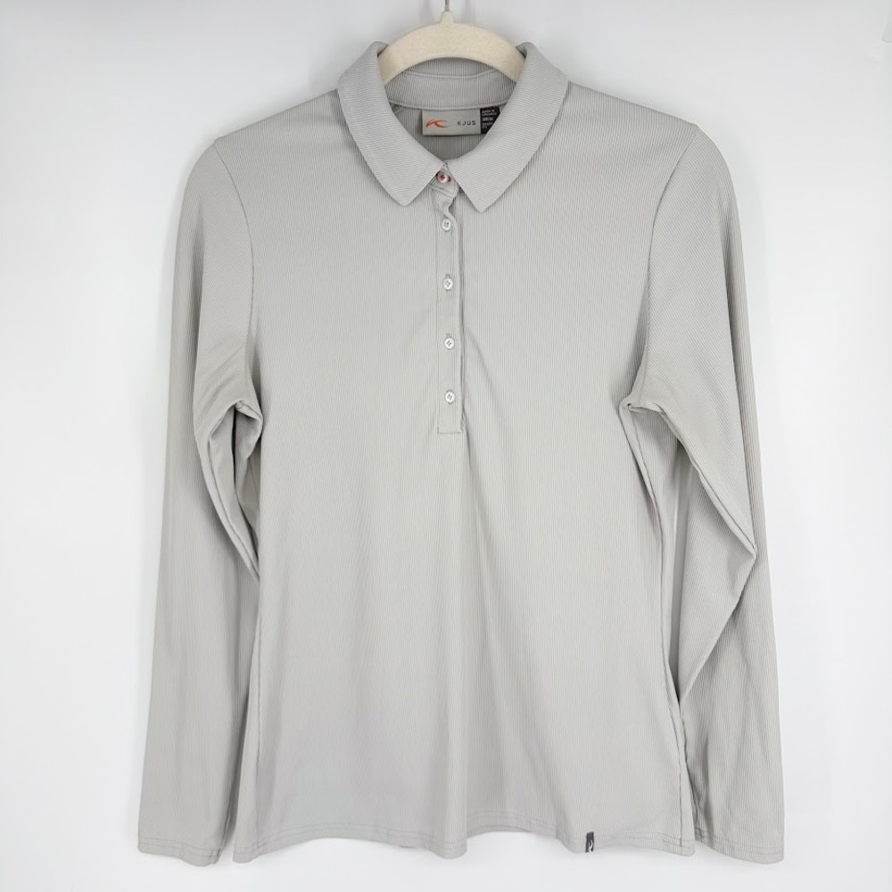 KJUS Celin Long Sleeve Polo Golf Top Women M Gray Rib UPF 50+ Sport Fit Outdoor